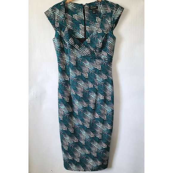 WHITE HOUSE BLACK MARKET Herringbone Dress Shift Sheath Chevron Teal Sz 4 EUC - Picture 2 of 10